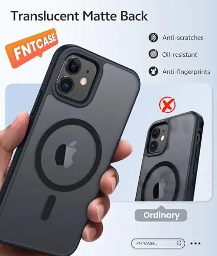 FNTCASE for iPhone 13/12 Mini Case, Fit for Magsafe, Translucent Matte Back | Magnetic Phone Cases, 14FT Military Grade Drop Protection, Slim Shockproof Protective Cover, Black - 1