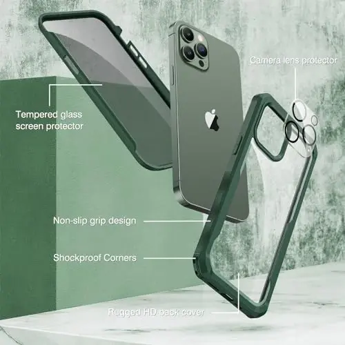 CENHUFO for iPhone 13 Pro Case, Privacy Phone Cover with Built-in Anti Peep Tempered Glass Privacy Screen Protector and Camera Protective, Full Body Shockproof Anti Spy Clear Double Bumper - Green - CENHUFO (1)