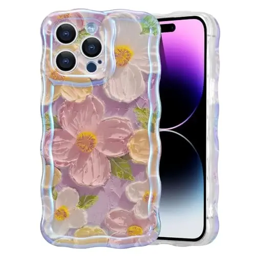 EYZUTAK Case for iPhone 13 Pro, Colorful Retro Oil Painting Printed Flower Laser Glossy Pattern Cute Curly Waves Border Exquisite Phone Cover Stylish Durable TPU Protective Case for Girls Women - Pink 