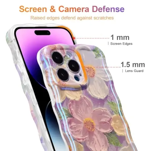 EYZUTAK Case for iPhone 13 Pro, Colorful Retro Oil Painting Printed Flower Laser Glossy Pattern Cute Curly Waves Border Exquisite Phone Cover Stylish Durable TPU Protective Case for Girls Women - Pink - 4