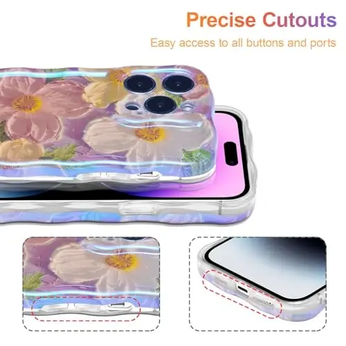 EYZUTAK Case for iPhone 13 Pro, Colorful Retro Oil Painting Printed Flower Laser Glossy Pattern Cute Curly Waves Border Exquisite Phone Cover Stylish Durable TPU Protective Case for Girls Women - Pink - 5