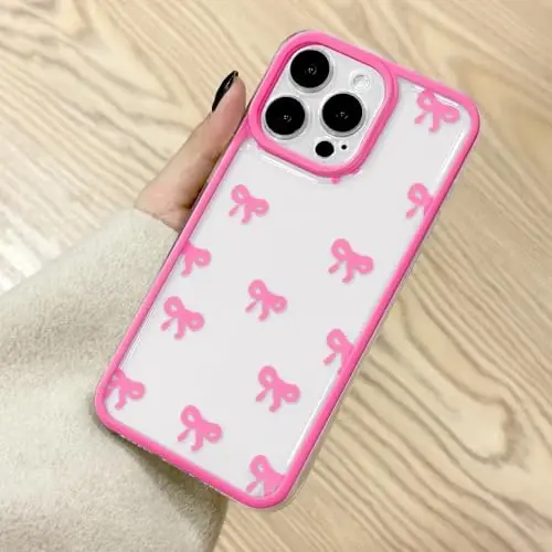 EYZUTAK Case for iPhone 13 Pro, Clear Cute Ribbon Bowknot Pattern Aesthetic Transparent Phone Case Raised Camera Protection Stylish Slim Soft Durable TPU Protective Cover for Women Girls - Rose Red - 1
