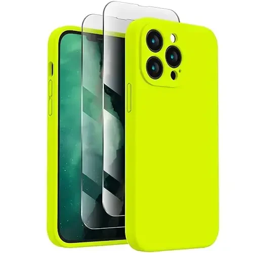 FireNova Designed for iPhone 13 Pro Case, Silicone Upgraded [Camera Protection] Phone Case with [2 Screen Protectors], Soft Anti-Scratch Microfiber Lining Inside, 6.1 inch, Fluorescent Green - FIRENOVA