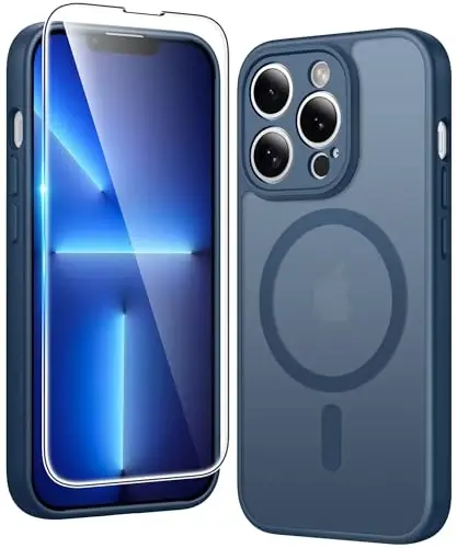 FNTCASE for iPhone 13 Pro Case: Magnetic Matte Translucent Phone Cases with Screen Protector and Lens Protection Durable Textured Rugged Shockproof Protective Slim Cell Cover (C-Blue) 