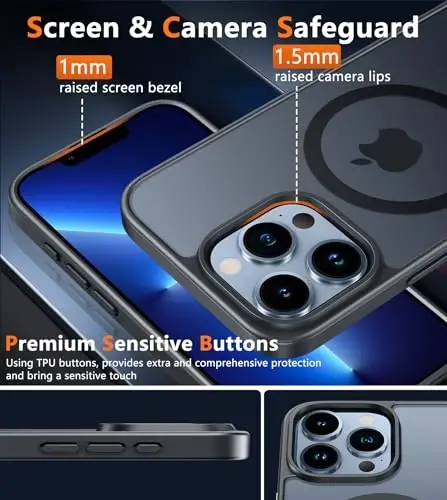 FNTCASE for iPhone 13 Pro Case: [Compatible with Magsafe] Translucent Matte Cases with [Screen Protector] Military Grade Shockproof Protective Phone Cover - Black - 5