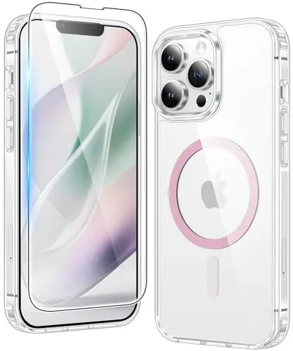 FNTCASE for iPhone 13 Pro Case: Clear Magnetic Phone Cases Compatible with Magsafe Slim Anti Yellowing Military Grade Drop Protection Rugged Shockproof Protective Transparent Cell Cover (C-A Pink) 