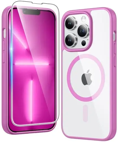 FNTCASE for iPhone 13 Pro Case: Clear Magnetic Phone Cases with Screen Protector Compatible with Magsafe Slim Anti Yellowing Rugged Shockproof Protective Transparent Cell Phone Cover (B-Pink) - 1