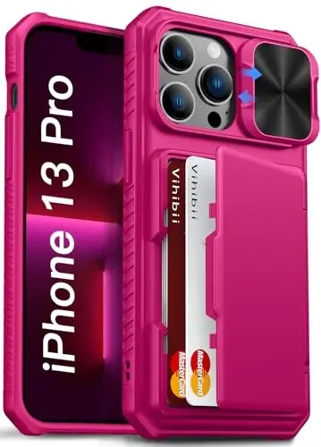 Vihibii for iPhone 13 Pro Case Wallet with Card Holder (4 Cards), Hot Pink | RFID Blocking, Slide Lens Camera Cover, Military Grade Drop Protection, Rugged Back, Silicone Edge, All-in-one wallet case - 1