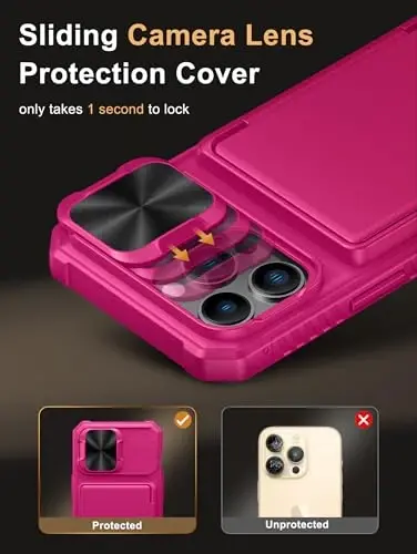 Vihibii for iPhone 13 Pro Case Wallet with Card Holder (4 Cards), Hot Pink | RFID Blocking, Slide Lens Camera Cover, Military Grade Drop Protection, Rugged Back, Silicone Edge, All-in-one wallet case - 4