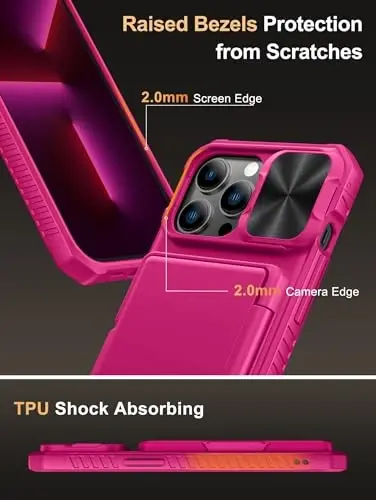 Vihibii for iPhone 13 Pro Case Wallet with Card Holder (4 Cards), Hot Pink | RFID Blocking, Slide Lens Camera Cover, Military Grade Drop Protection, Rugged Back, Silicone Edge, All-in-one wallet case - 6
