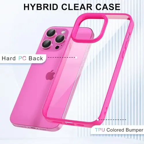 LoeoeL for iPhone 13 Pro Case Clear, Transparent Hybrid 13 Pro Phone Case [Hard Plastic & Soft Silicone Bumper] Acrylic Non Yellowing Thin Slim Protective Cover for Women, Neon Hot Pink - 9