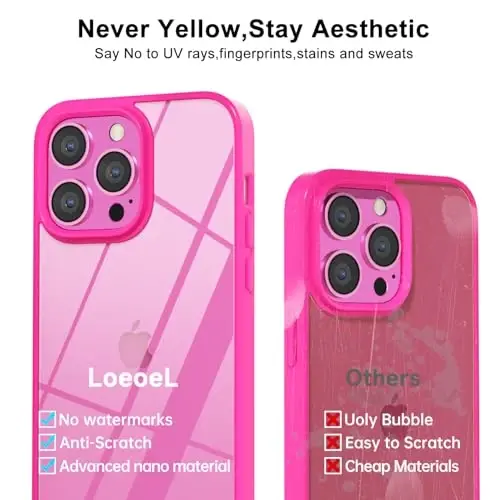 LoeoeL for iPhone 13 Pro Case Clear, Transparent Hybrid 13 Pro Phone Case [Hard Plastic & Soft Silicone Bumper] Acrylic Non Yellowing Thin Slim Protective Cover for Women, Neon Hot Pink - 10