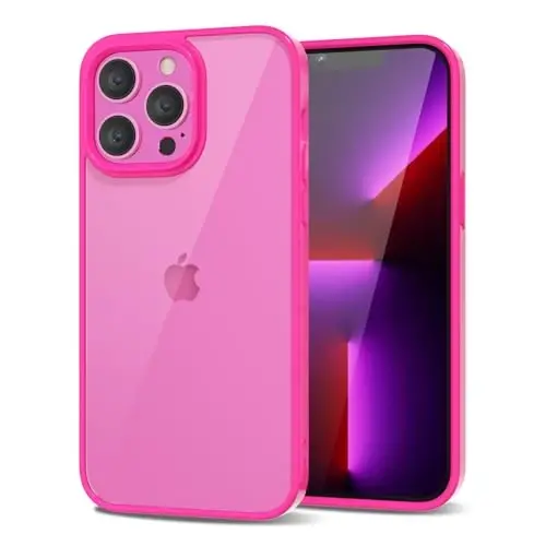 LoeoeL for iPhone 13 Pro Case Clear, Transparent Hybrid 13 Pro Phone Case [Hard Plastic & Soft Silicone Bumper] Acrylic Non Yellowing Thin Slim Protective Cover for Women, Neon Hot Pink - 14