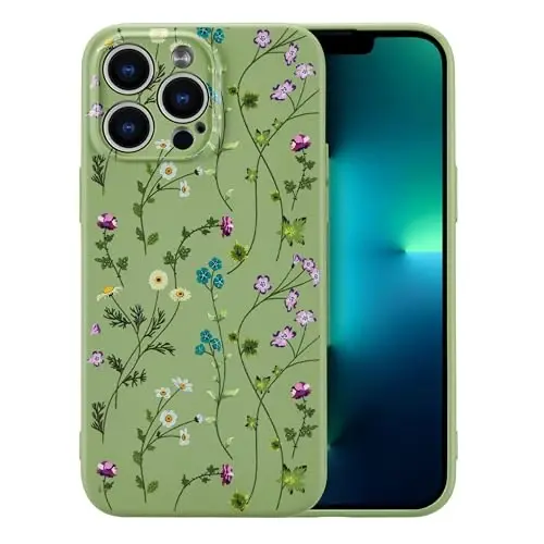RALEAVO Floral Case for iPhone 13 Pro,Liquid Silicone Cover with Cute Flower Branch Pattern for Girls Women Slim Soft Rubber Protective Phone Case for iPhone 13 Pro (6.1