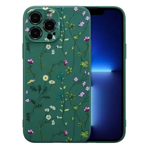 RALEAVO Floral Case for iPhone 13 Pro Silicone Cute Girly Cover,Dark Green | Cute Flowers Branches Pattern for Girls Women,Soft Liquid Silicone Cover,Slim Protective Phone Case for iPhone 13 Pro 6.1