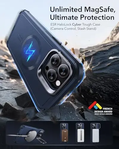 ESR for iPhone 13 Pro Case with Stand, 23 ft Military-Grade Drop Protection Heavy Duty Magnetic Phone Case, Compatible with MagSafe Accessories, Cyber Series, Blue - 2