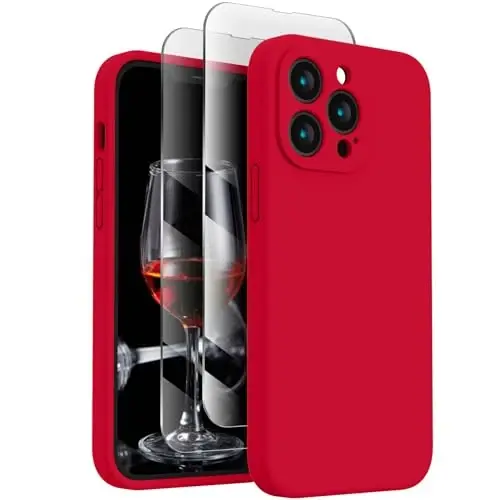 FireNova Designed for iPhone 13 Pro Case, Silicone Upgraded [Camera Protection] Phone Case with [2 Screen Protectors], Soft Anti-Scratch Microfiber Lining Inside, 6.1 inch, Deep Red 