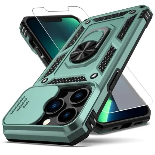 YZOK for iPhone 13 Pro Case,with Camera Lens Cover HD Screen Protector,[Military Grade] Ring Car Mount Kickstand Hybrid Hard PC Soft TPU Shockproof Protective Case for iPhone 13 Pro, Green - YZOK