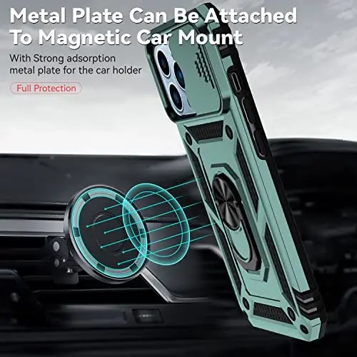 YZOK for iPhone 13 Pro Case,with Camera Lens Cover HD Screen Protector,[Military Grade] Ring Car Mount Kickstand Hybrid Hard PC Soft TPU Shockproof Protective Case for iPhone 13 Pro, Green - 3