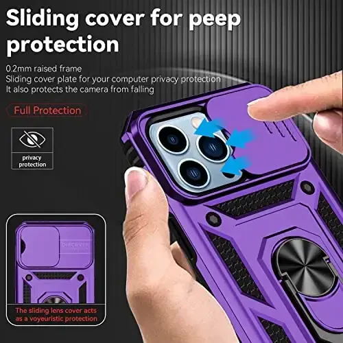 YZOK for iPhone 13 Pro Case,with Camera Lens Cover HD Screen Protector,[Military Grade] Ring Car Mount Kickstand Hybrid Hard PC Soft TPU Shockproof Protective Case for iPhone 13 Pro, Purple - 4