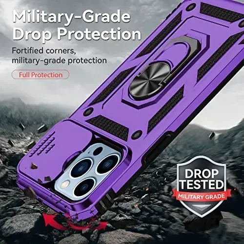 YZOK for iPhone 13 Pro Case,with Camera Lens Cover HD Screen Protector,[Military Grade] Ring Car Mount Kickstand Hybrid Hard PC Soft TPU Shockproof Protective Case for iPhone 13 Pro, Purple - 6