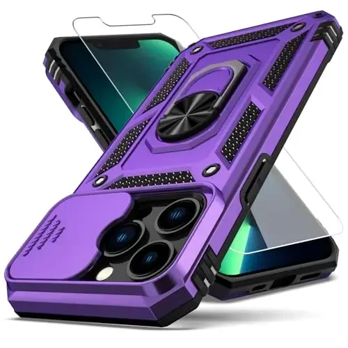 YZOK for iPhone 13 Pro Case,with Camera Lens Cover HD Screen Protector,[Military Grade] Ring Car Mount Kickstand Hybrid Hard PC Soft TPU Shockproof Protective Case for iPhone 13 Pro, Purple 