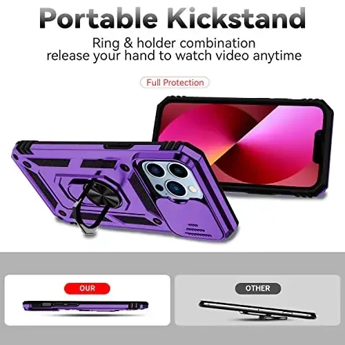 YZOK for iPhone 13 Pro Case,with Camera Lens Cover HD Screen Protector,[Military Grade] Ring Car Mount Kickstand Hybrid Hard PC Soft TPU Shockproof Protective Case for iPhone 13 Pro, Purple - 5