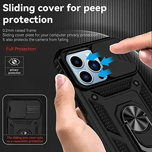 YZOK for iPhone 13 Pro Case,with Camera Lens Cover HD Screen Protector,[Military Grade] Ring Car Mount Kickstand Hybrid Hard PC Soft TPU Shockproof Protective Case for iPhone 13 Pro, Black - 4