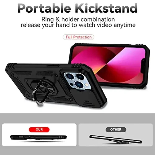 YZOK for iPhone 13 Pro Case,with Camera Lens Cover HD Screen Protector,[Military Grade] Ring Car Mount Kickstand Hybrid Hard PC Soft TPU Shockproof Protective Case for iPhone 13 Pro, Black - 6
