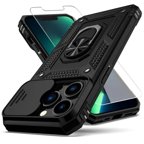 YZOK for iPhone 13 Pro Case,with Camera Lens Cover HD Screen Protector,[Military Grade] Ring Car Mount Kickstand Hybrid Hard PC Soft TPU Shockproof Protective Case for iPhone 13 Pro, Black - 1