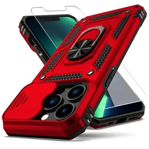 YZOK for iPhone 13 Pro Case,with Camera Lens Cover HD Screen Protector,[Military Grade] Ring Car Mount Kickstand Hybrid Hard PC Soft TPU Shockproof Protective Case for iPhone 13 Pro, Red - 1