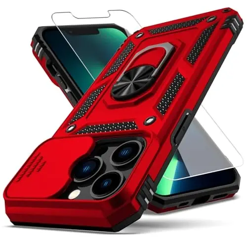 YZOK for iPhone 13 Pro Case,with Camera Lens Cover HD Screen Protector,[Military Grade] Ring Car Mount Kickstand Hybrid Hard PC Soft TPU Shockproof Protective Case for iPhone 13 Pro, Red 