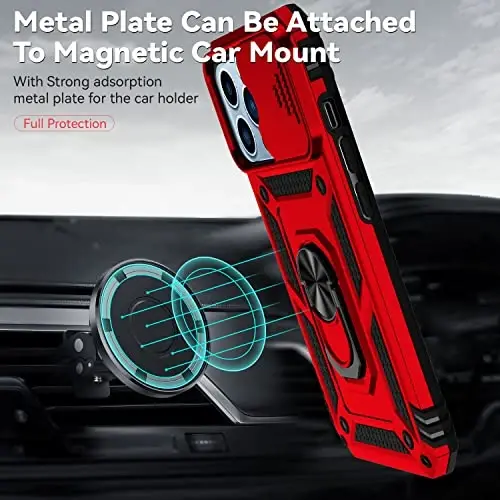 YZOK for iPhone 13 Pro Case,with Camera Lens Cover HD Screen Protector,[Military Grade] Ring Car Mount Kickstand Hybrid Hard PC Soft TPU Shockproof Protective Case for iPhone 13 Pro, Red - 3