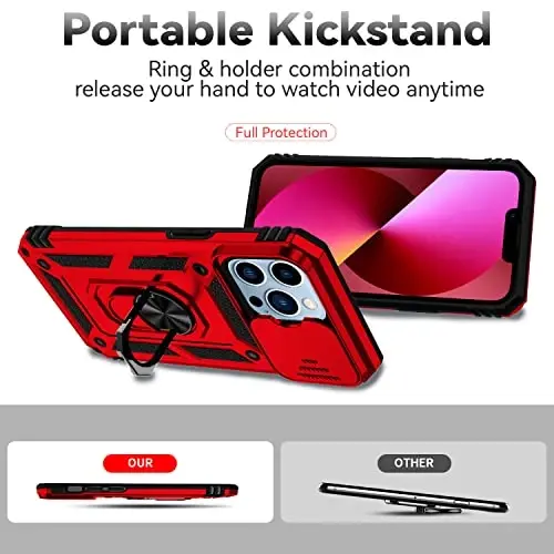 YZOK for iPhone 13 Pro Case,with Camera Lens Cover HD Screen Protector,[Military Grade] Ring Car Mount Kickstand Hybrid Hard PC Soft TPU Shockproof Protective Case for iPhone 13 Pro, Red - 6