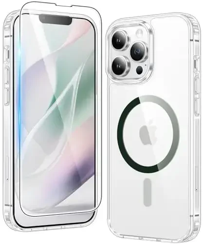 FNTCASE for iPhone 13 Pro Case: Clear Magnetic Phone Cases Compatible with Magsafe Slim Anti Yellowing Military Grade Drop Protection Rugged Protective Transparent Cell Phone Cover (D-Green) - FNTCASE