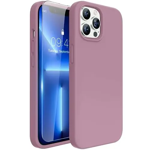 Miracase Designed for iPhone 13 Pro Case, with Tempered Glass Screen Protector, [Soft Anti-Scratch Microfiber Lining], Shockproof Liquid Silicone Phone Case Cover for 13 Pro 6.1 inch, Blackcurrent 