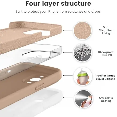 Vooii Compatible with iPhone 13 Pro Case, Liquid Silicone Upgrade [Camera Protection] [Soft Anti-Scratch Microfiber Lining] Shockproof Phone Case for iPhone 13 Pro 6.1 inch - Light Brown - 3