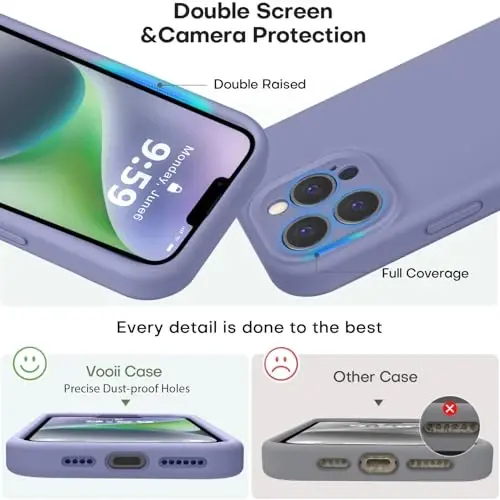 Vooii Compatible with iPhone 13 Pro Case, Liquid Silicone Upgrade [Camera Protection] [Soft Anti-Scratch Microfiber Lining] Shockproof Phone Case for iPhone 13 Pro 6.1 inch - Lavender Grey - 3