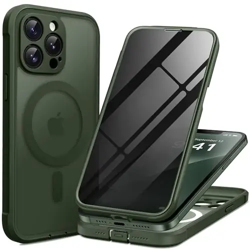 BERFY for iPhone 13 Pro Max Case, Compatible with Magsafe, Green | Built-in Privacy Screen Protector, Full Camera Protection, Shockproof Full Body Translucent Matte Magnetic Phone Case 6.7