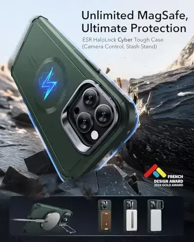 ESR for iPhone 13 Pro Max Case with Stand, 23 ft Military-Grade Drop Protection Heavy Duty Magnetic Phone Case, Compatible with MagSafe Accessories, Cyber Series, Green - 2
