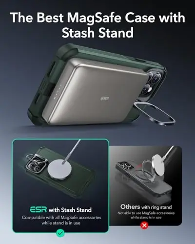 ESR for iPhone 13 Pro Max Case with Stand, 23 ft Military-Grade Drop Protection Heavy Duty Magnetic Phone Case, Compatible with MagSafe Accessories, Cyber Series, Green - 4
