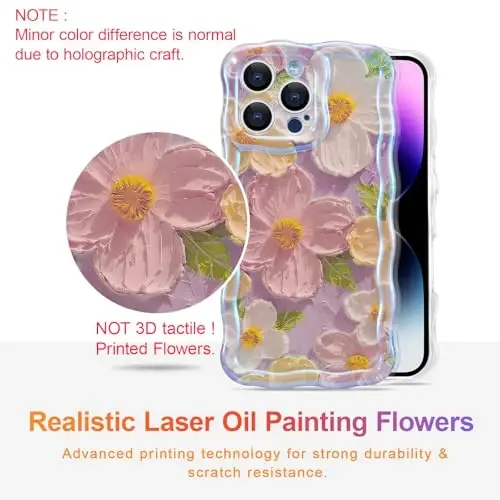 EYZUTAK Case for iPhone 13 Pro Max, Colorful Retro Oil Painting Printed Flower Laser Glossy Pattern Cute Curly Waves Edge Exquisite Phone Cover Stylish Durable TPU Protective Case for Girls Women-Pink - 2