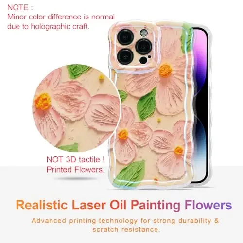 EYZUTAK Case for iPhone 13 Pro Max, Colorful Retro Oil Painting Flower Leaf Laser Glossy Pattern Cute Curly Waves Edge Exquisite Phone Cover Stylish Durable TPU Protective Case for Women - Pink Green - 2