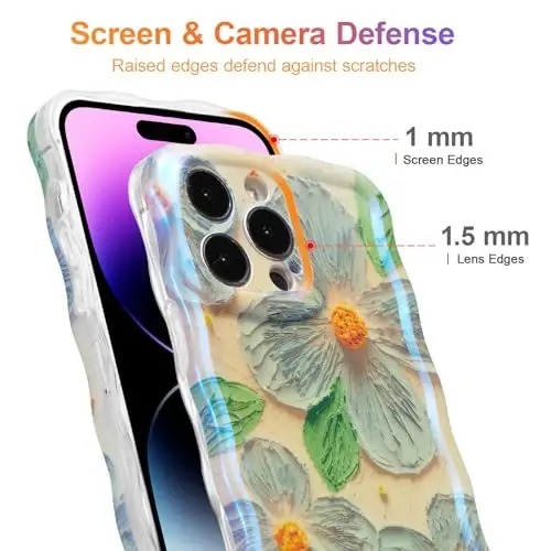 EYZUTAK Case for iPhone 13 Pro Max, Colorful Retro Oil Painting Flower Leaf Laser Glossy Pattern Cute Curly Waves Edge Exquisite Phone Cover Stylish Durable TPU Protective Case for Women - Blue Green - 4