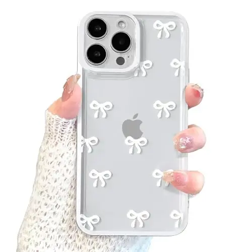 EYZUTAK Case for iPhone 13 Pro Max, Clear Cute Ribbon Bowknot Pattern Aesthetic Transparent Phone Case Raised Camera Protection Stylish Slim Soft Durable TPU Protective Cover for Women Girls - White - 1