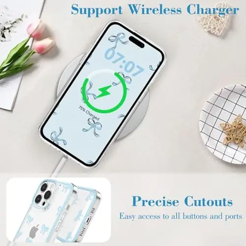 EYZUTAK Case for iPhone 13 Pro Max, Clear Cute Ribbon Bowknot Pattern Aesthetic Transparent Phone Case Raised Camera Protection Stylish Slim Soft Durable TPU Protective Cover for Women Girls - Blue - 7