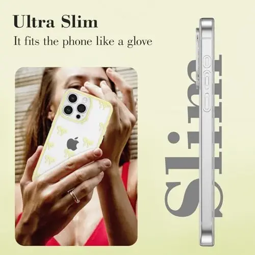 EYZUTAK Case for iPhone 13 Pro Max, Clear Cute Ribbon Bowknot Pattern Aesthetic Transparent Phone Case Raised Camera Protection Stylish Slim Soft Durable TPU Protective Cover for Women Girls - Yellow - 10