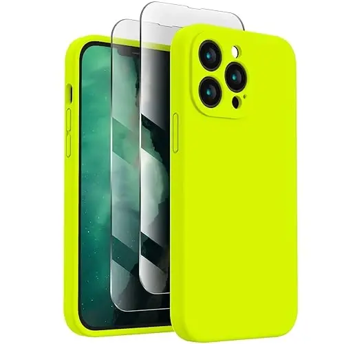 FireNova Designed for iPhone 13 Pro Max Case, Silicone [Camera Protection] Phone Case with [2 Screen Protectors], Soft Anti-Scratch Microfiber Lining Inside, 6.7 inch, Fluorescent Green 