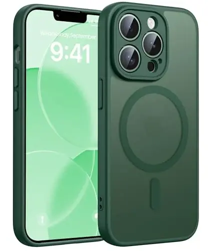 FNTCASE for iPhone 13 Pro Max Case, Fit for Magsafe, Full Camera Protection | Translucent Matte Magnetic Phone Back, 14FT Military Grade Drop Proof, Slim Shockproof Protective Cover, Green 