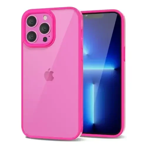 LoeoeL for iPhone 13 Pro Max Case Clear, Transparent Hybrid 13 Pro Max Phone Case [Hard Plastic & Soft Silicone Bumper] Acrylic Non Yellowing Thin Slim Protective Cover for Women, Neon Hot Pink 